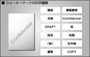 ウォーターマークの印字種類「極秘」「複製禁止」「至急」「Confidential」「DRAFT」「仮」「回収」「回覧」「（秘）」「社外秘」「重要」「COPY]
