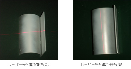 レーザー光と溝が直行：OK、レーザー光と溝が並行：NG