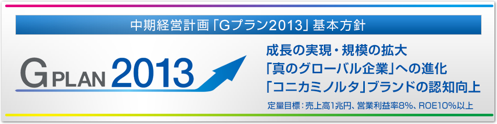 中期経営計画「Gプラン2013」基本方針 成長の実現・規模の拡大	「真のグローバル企業」への進化 「コニカミノルタ」ブランドの認知向上