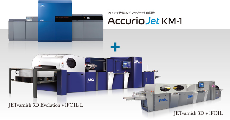 29インチ枚葉UVインクジェット印刷機「AccurioJet KM-1」と「JETvarnish 3D Evolution + iFOIL L」、「JETvarnish 3D + iFOIL」
