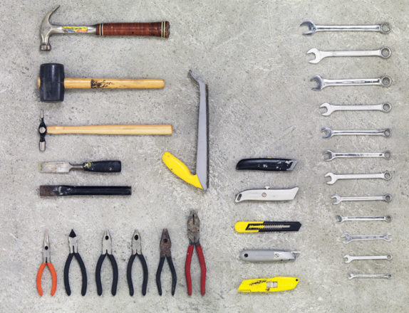 A collection of builders tools from above laid out in an orderly fashion