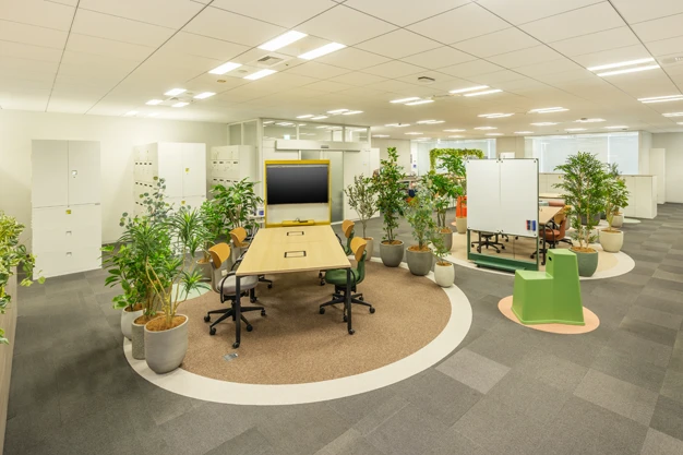 植栽や色で空間を区切ったオープンなミーティングエリア