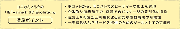 コニカミノルタの「JETvarnish 3D Evolution」満足ポイント。「小ロットから、低コストでスピーディーな加工を実現」、「立体的な加飾加工で、店頭でのパッケージの差別化に貢献」、「箔加工や可変加工利用による新たな販促戦略の可能性」、「一歩踏み込んだサービス提供のためのツールとしての可能性」