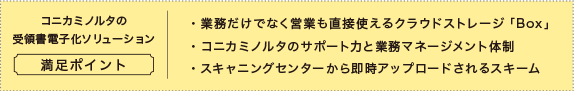 コニカミノルタの受領書電子化ソリューションの満足ポイント。業務だけでなく営業も直接使えるクラウドストレージ「Box」、コニカミノルタのサポート力と業務マネージメント体制、スキャニングセンターから即時アップロードされるスキーム。