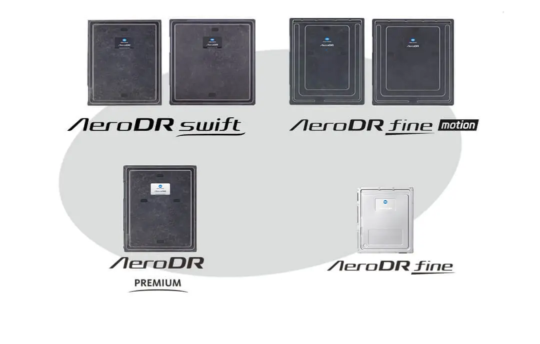 コニカミノルタのDR製品の説明図。AeroDR、AeroDR fine、AeroDR PREMIUM などの各製品をもとに、基本撮影、回診、在宅・災害、クリニック、長尺撮影、検診などのソシューションをご提案します。